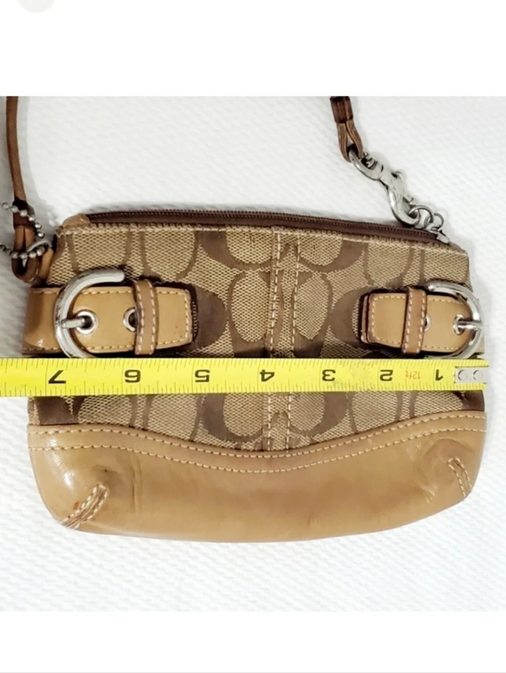 Coach Buckle Signature Canvas And Vachetta Leather Wristlet